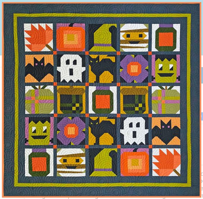 Happy Hallows BOM Quilt Pattern, Poorhouse Quilt Designs PQD-275, Halloween Lap Throw Sampler Quilt Pattern