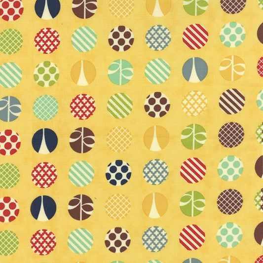 REMNANT 25" of Social Club - Multicolored Large Dots on Yellow Fabric, Moda 37093, Multi Polka Dots on Yellow Fabric, The Comstocks