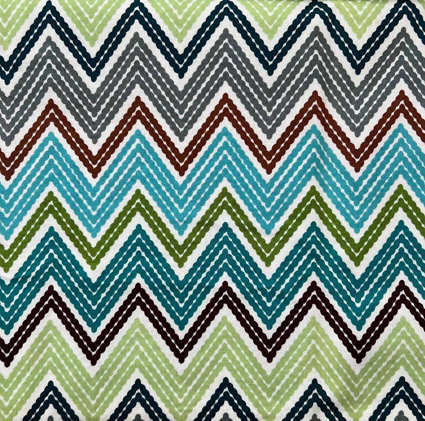 REMNANT 34" of Stitch - Stitched Look Chevrons on White Fabric, Robert Kaufman 11902, Teal Green Brown Gray Blue Zig Zag Chevron Fabric