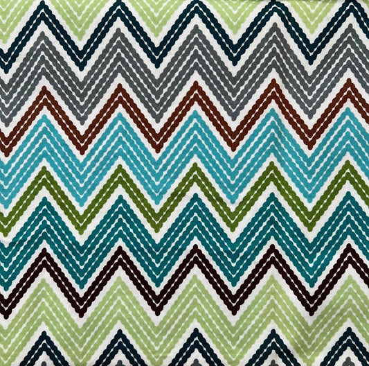 REMNANT 34" of Stitch - Stitched Look Chevrons on White Fabric, Robert Kaufman 11902, Teal Green Brown Gray Blue Zig Zag Chevron Fabric
