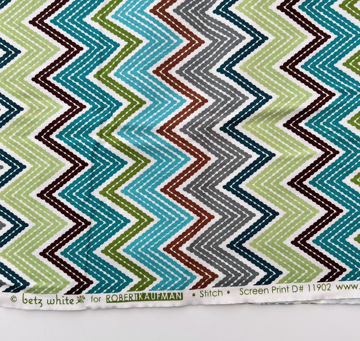 REMNANT 34" of Stitch - Stitched Look Chevrons on White Fabric, Robert Kaufman 11902, Teal Green Brown Gray Blue Zig Zag Chevron Fabric