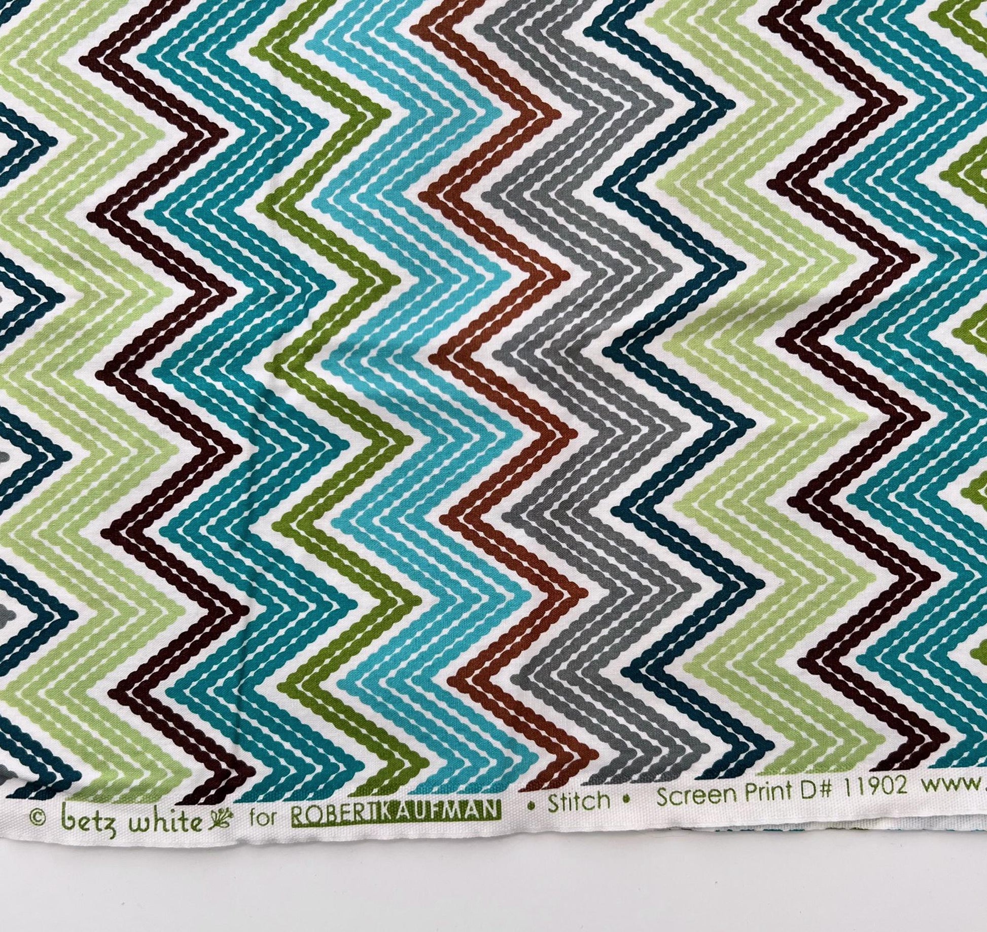 REMNANT 34" of Stitch - Stitched Look Chevrons on White Fabric, Robert Kaufman 11902, Teal Green Brown Gray Blue Zig Zag Chevron Fabric