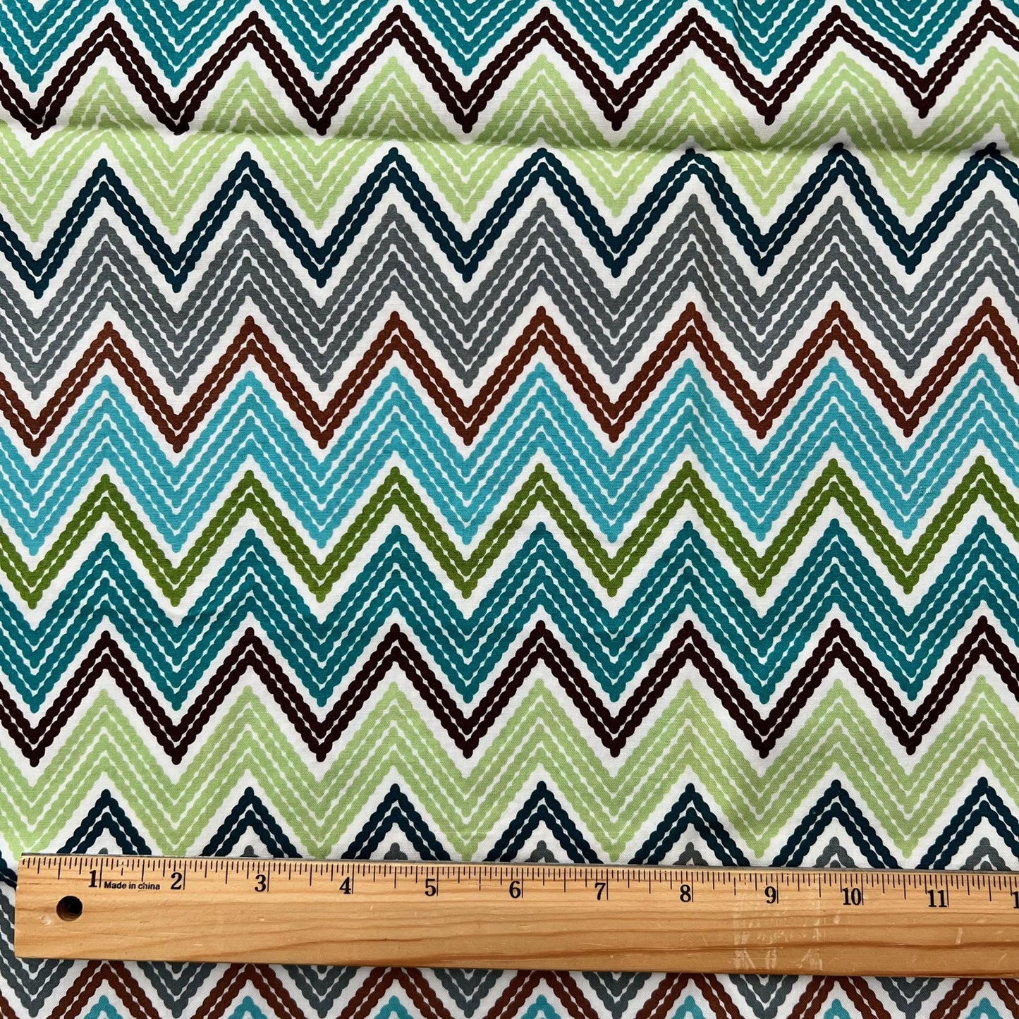 REMNANT 34" of Stitch - Stitched Look Chevrons on White Fabric, Robert Kaufman 11902, Teal Green Brown Gray Blue Zig Zag Chevron Fabric