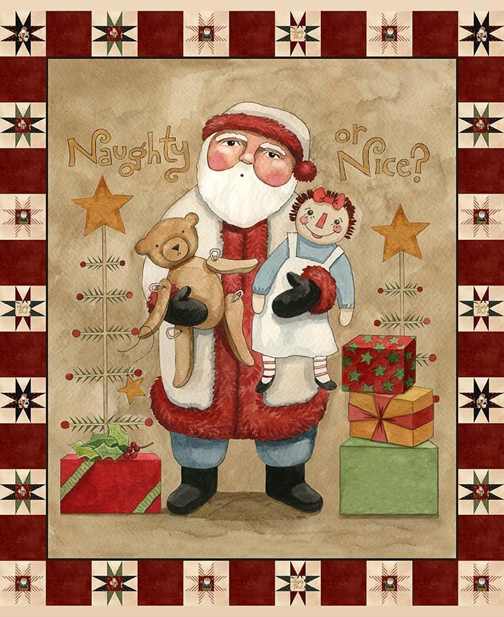 Naughty or Nice 35.5" Santa Fabric Panel, Riley Blake P16267-PANEL, Christmas Xmas Santa with List Fabric Panel, Teresa Kogut