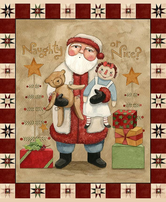 Naughty or Nice 35.5" Santa Fabric Panel, Riley Blake P16267-PANEL, Christmas Xmas Santa with List Fabric Panel, Teresa Kogut