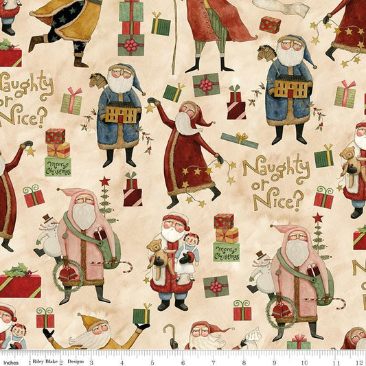 Naughty Nice - Main Santa on Beige Christmas Fabric, Riley Blake C16260-Parchment, Folk Art Santa Xmas Fabric, Teresa Kogut, By the Yard