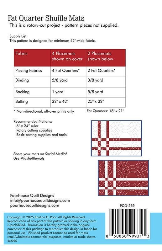 Fat Quarter Shuffle Mats Pattern, Poorhouse Quilt Designs PQD-269, Quilted Place Mats Placemats Pattern, Easy Table Quilt Pattern