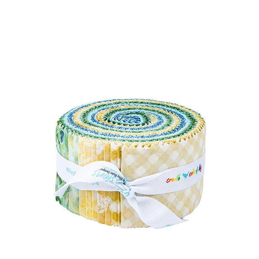 Expressions Batiks Watercolor Daisies Rolie Polie, Riley Blake RP-23246-40, 2.5" Precut Yellow Green Blue Floral Gingham Batik Fabric Strips