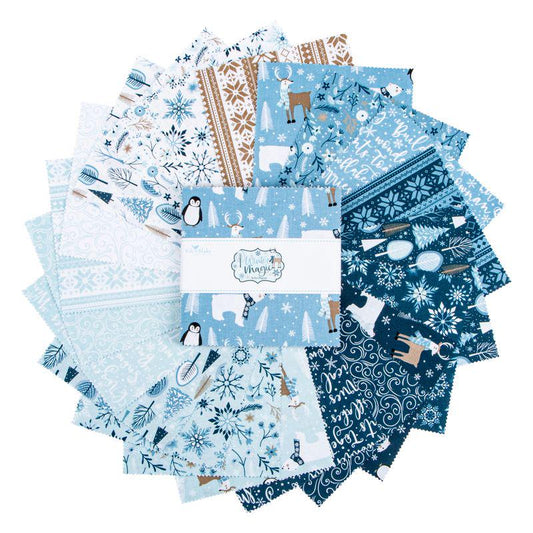 Winter Magic 5" Stacker, Riley Blake 5-16360-42, Precut 5" Blue White Winter Polar Bears Penguins Reindeer Fabric Squares, Dani Mogstad