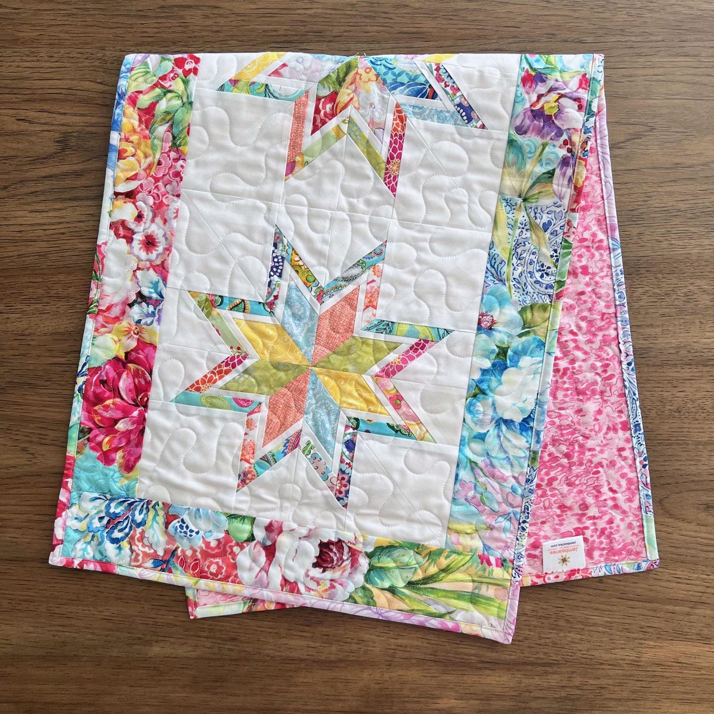 Multicolored Floral Stars Quilted Table Runner, 17" x 40", Moda Gradients Rainbow Colors Floral Table Topper Quilt
