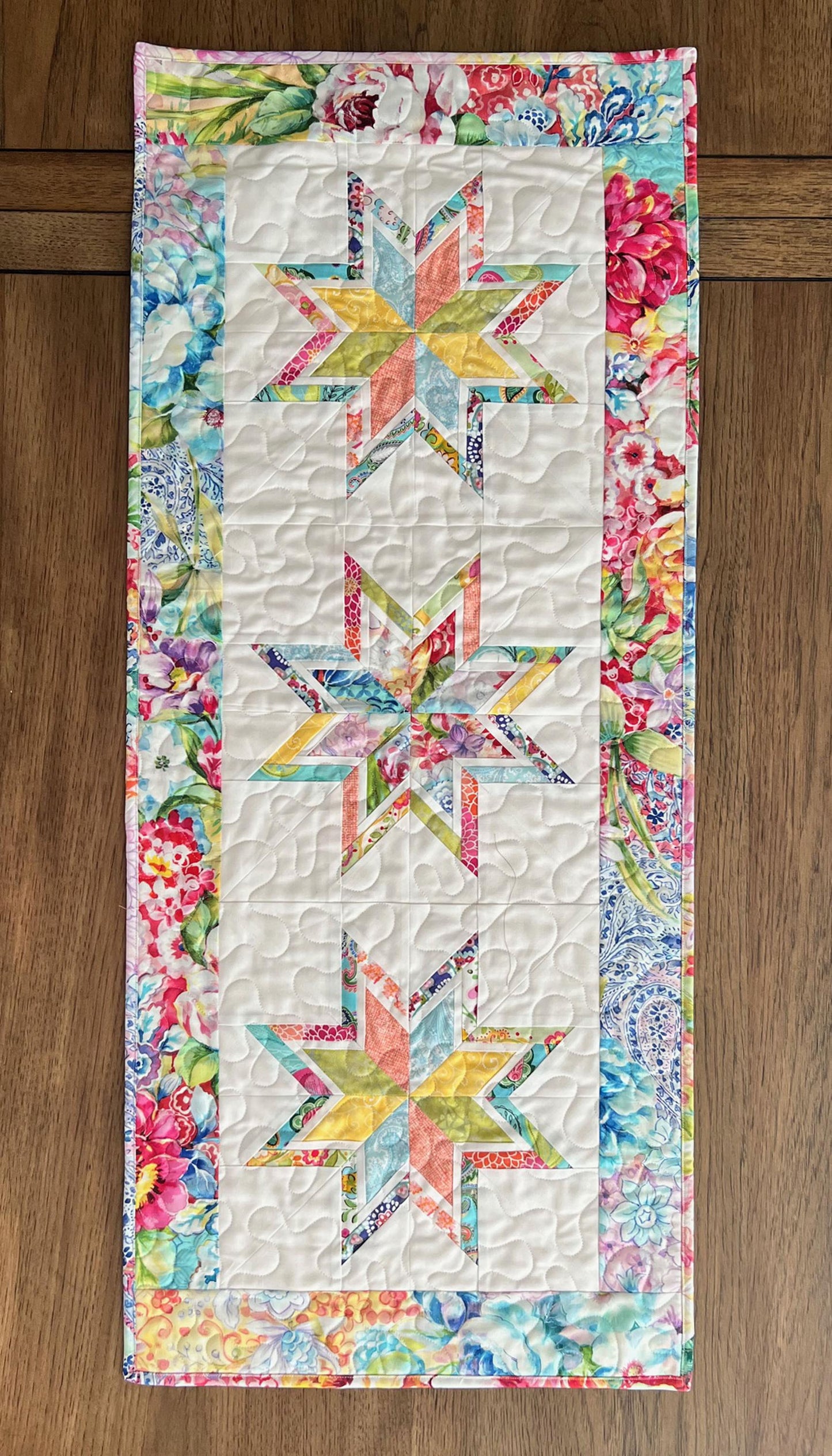 Multicolored Floral Stars Quilted Table Runner, 17" x 40", Moda Gradients Rainbow Colors Floral Table Topper Quilt