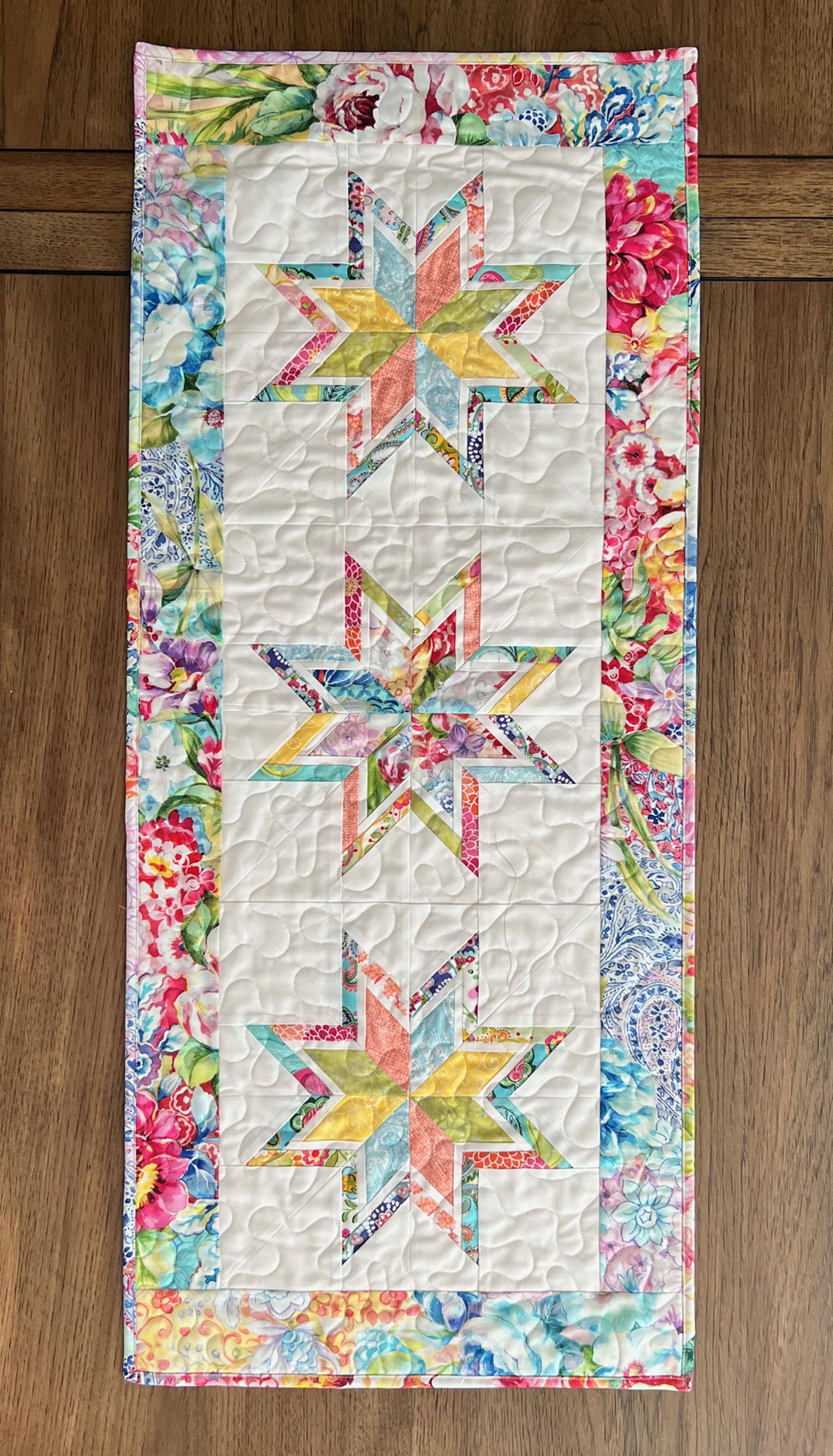 Multicolored Floral Stars Quilted Table Runner, 17" x 40", Moda Gradients Rainbow Colors Floral Table Topper Quilt