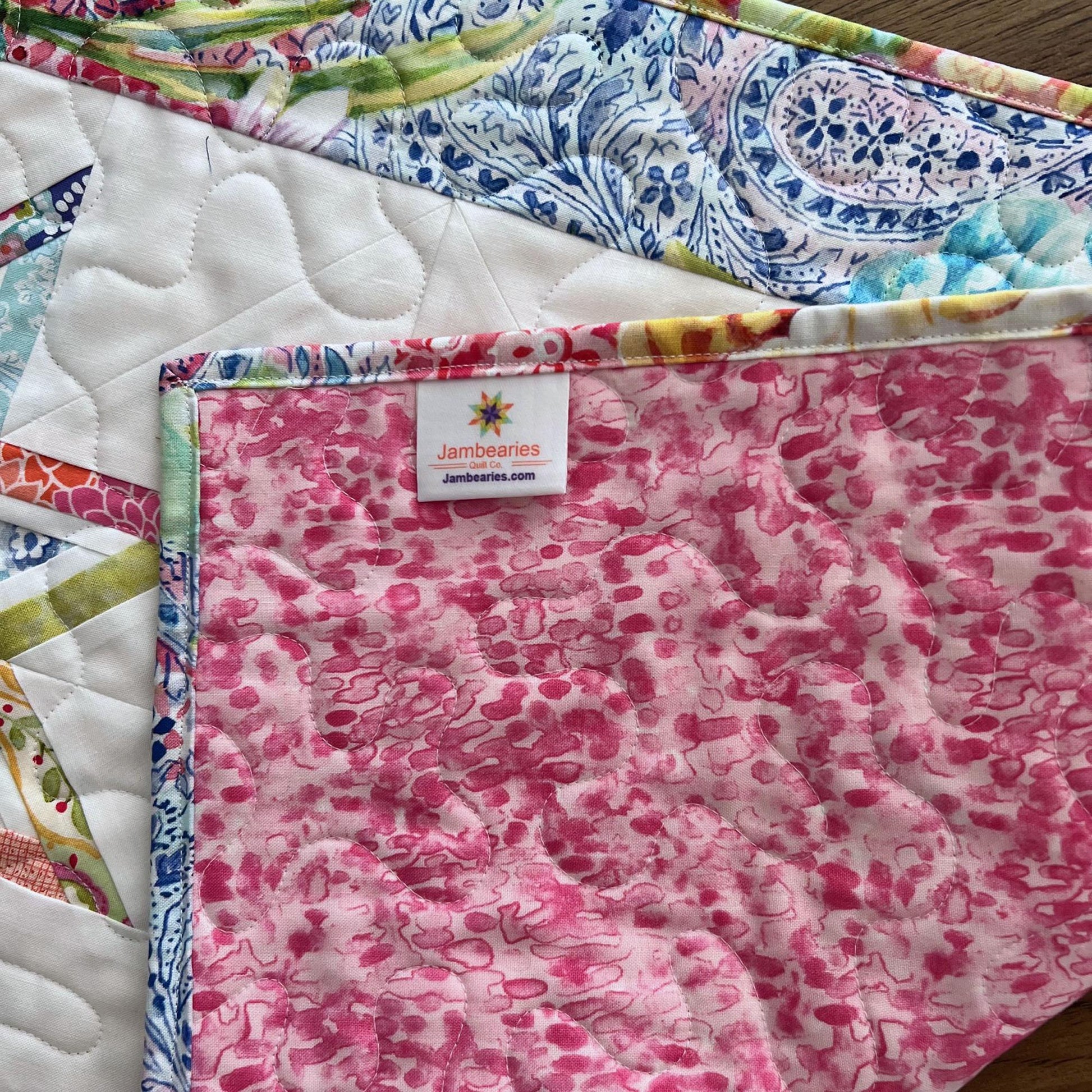 Multicolored Floral Stars Quilted Table Runner, 17" x 40", Moda Gradients Rainbow Colors Floral Table Topper Quilt