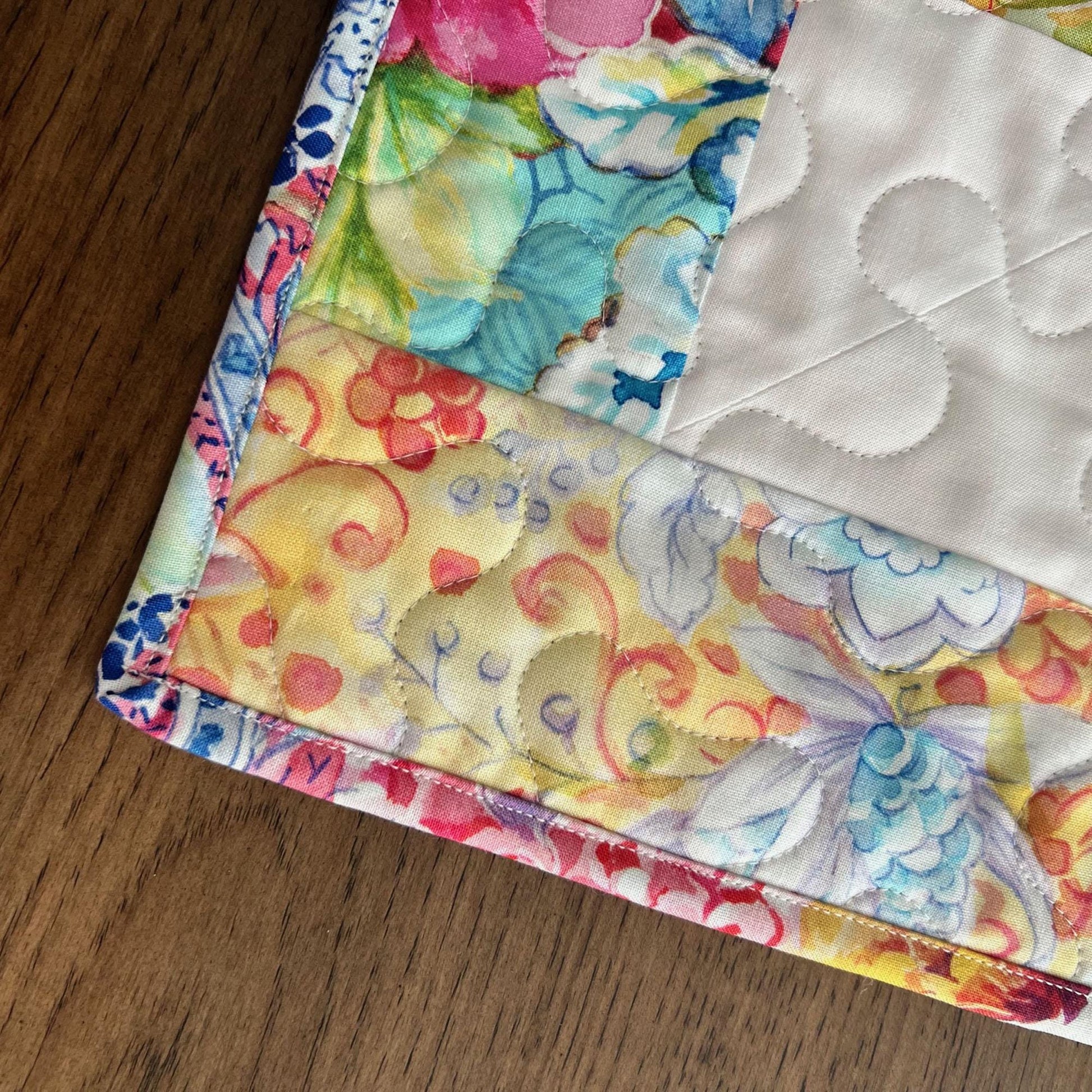 Multicolored Floral Stars Quilted Table Runner, 17" x 40", Moda Gradients Rainbow Colors Floral Table Topper Quilt