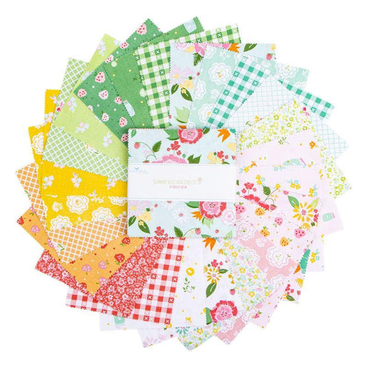 Summer Skies and Fireflies 5" Stacker, Riley Blake 5-16370-42, 5" Precut Pink Green Blue Yellow Floral Charm Fabric Squares, Gracey Larson