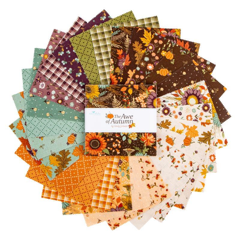 The Awe of Autumn 5" Stacker, Riley Blake 5-16190-42, 5" Precut Autumn Fall Harvest Charm Pack Fabric Squares, Thanksgiving Fabric, Gervais