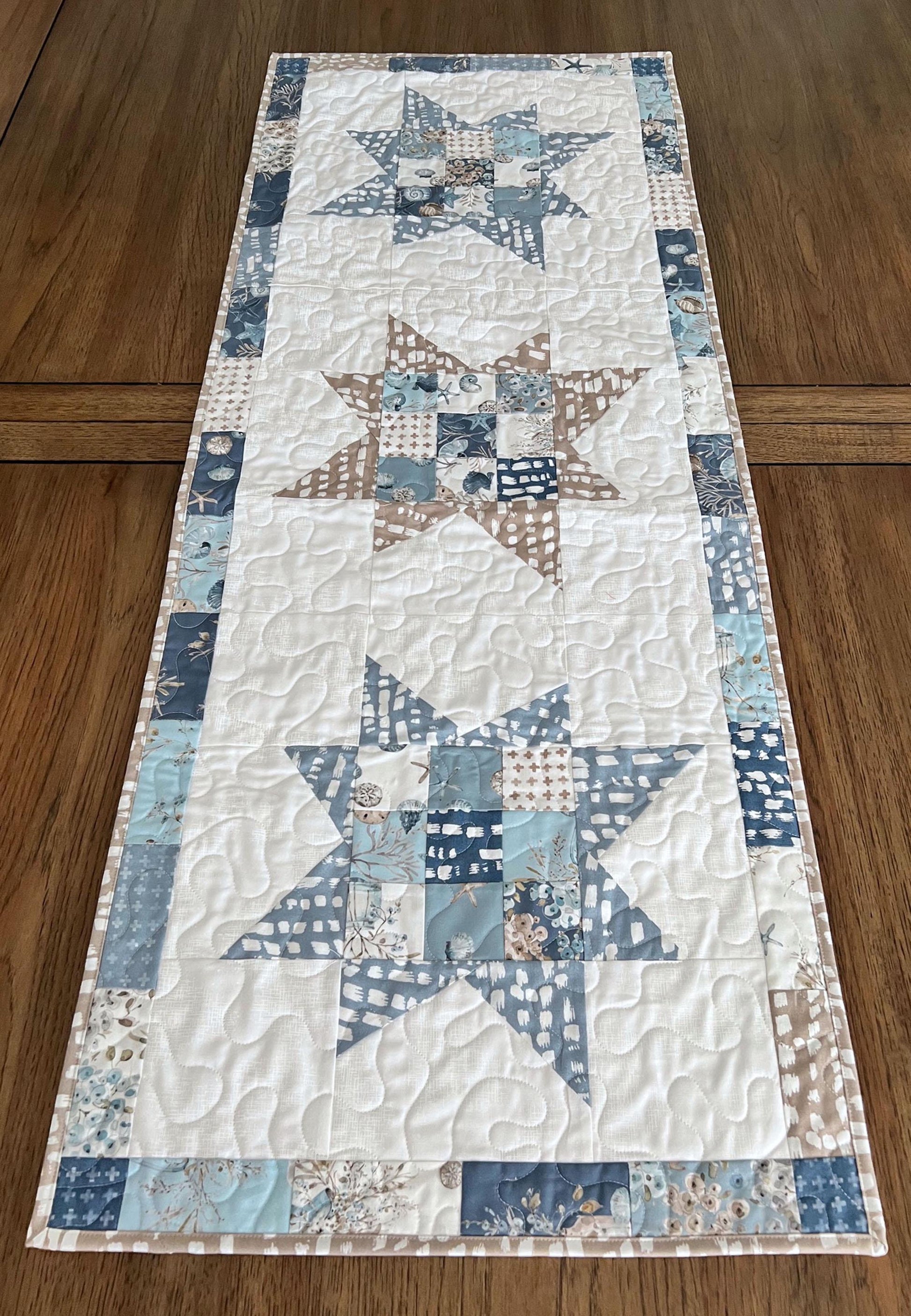 Coastal Stars Quilted Table Runner, 18.5" x 48", Riley Blake Blue Escape Coastal Table Topper Quilt