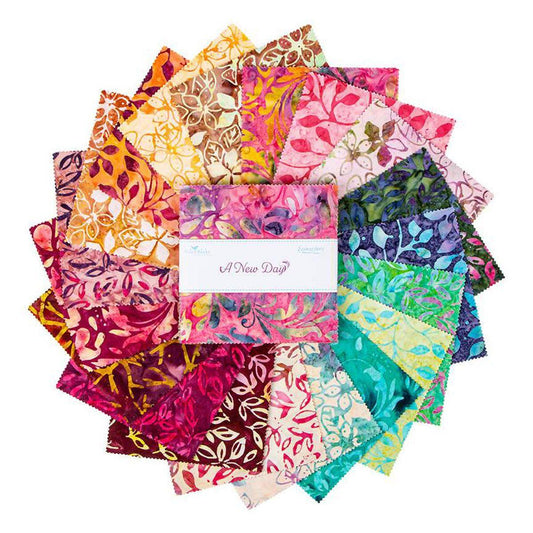 Expressions Batiks - A New Day 5" Stacker, Riley Blake 5-23294-42, 5" Precut Pink Blue Green Yellow Floral Batik Fabric Squares