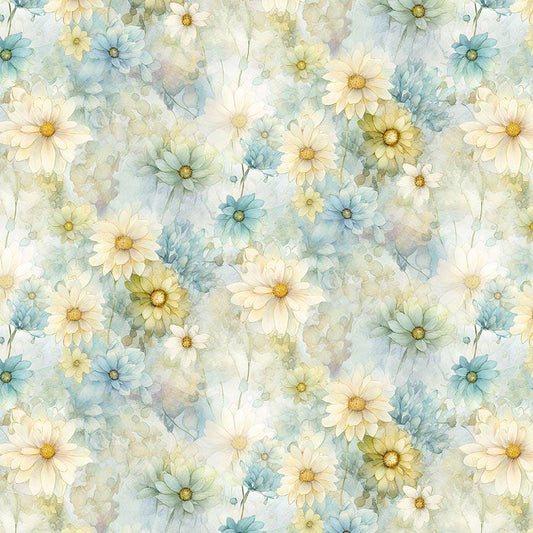 Forest Whisper - Daisy Bloom Floral Fabric, Timeless Treasures FLEUR-CD3685 Blue, Blue Yellow Cream Floral Daisies Cotton Fabric