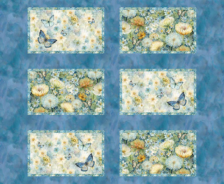 Forest Whisper - 36" Floral Set of 6 Place Mats Fabric Panel, Timeless Treasures PANEL-CD3769 Whisper, Blue Yellow Floral Placemats Panel