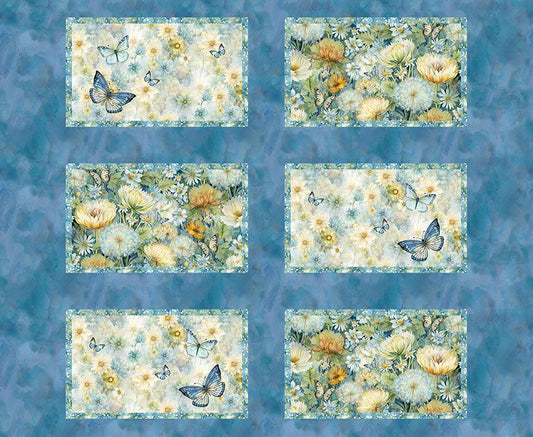 Forest Whisper - 36" Floral Set of 6 Place Mats Fabric Panel, Timeless Treasures PANEL-CD3769 Whisper, Blue Yellow Floral Placemats Panel
