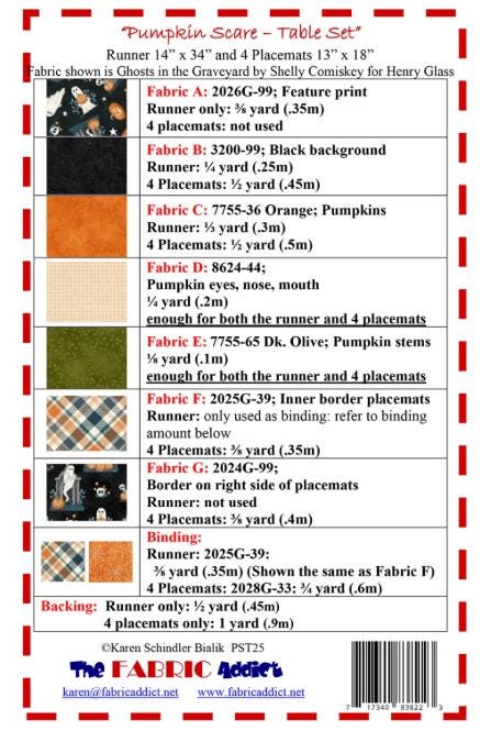 Pumpkin Scare Table Set Quilt Pattern, The Fabric Addict FAPST25, Yardage Friendly Halloween Table Runner Place Mats Quilt Pattern, Bialik