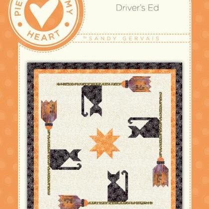 Drivers Ed Halloween Cats Quilt Pattern, Pieces From My Heart PM831, Yardage Friendly Cats on Broomsticks Lap Throw Quilt Pattern, Gervais