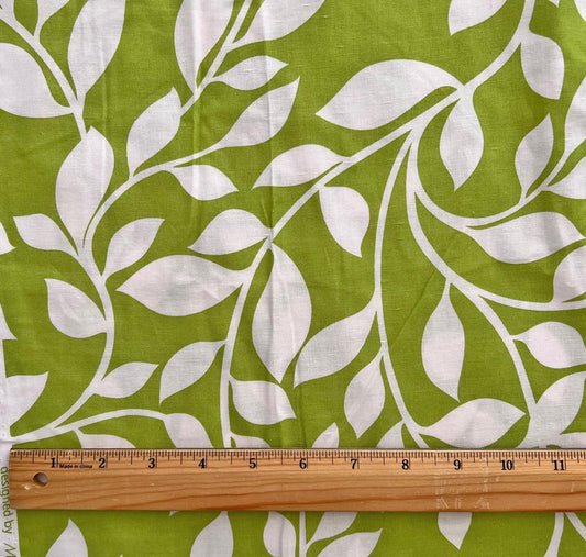 REMNANT 1 yard 27" of 108" White Leaves Vines on Lime Green Wide Back Fabric, Kanvas 5591W Y14020230, Maria Kalinowski, By the Yard