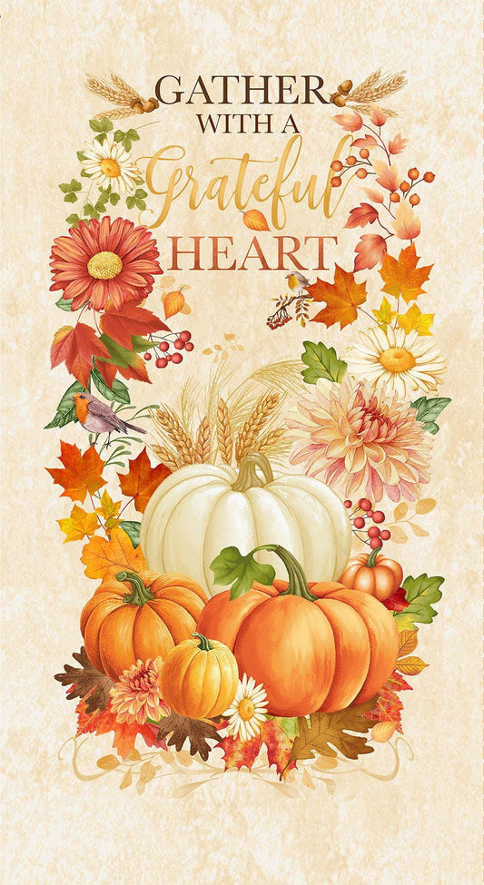 Gather With a Grateful Heart - Autumn Fall Pumpkins Flowers 24" Fabric Panel, Timeless Treasures PANEL-CD3510 Cream, Thanksgiving Fabric