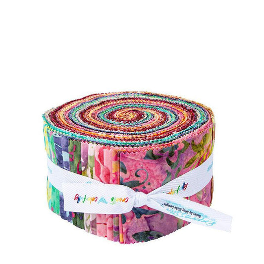 Expressions Batiks - A New Day Rolie Polie, Riley Blake RP-23294-40, 2.5" Precut Pink Green Blue Purple Floral Batik Fabric Strips