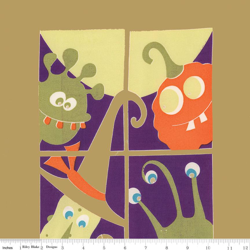 Expressions Batiks - Fright This Way 12" Halloween Monsters Batik Fabric Panel, Riley Blake BT23330-120, Monsters in Door Window Panel
