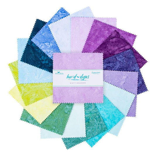 Expressions Batiks - Hand Dyes Misty Morning 5" Stacker, Riley Blake 5-21005-42 , 5" Precut Blue Green Purple Solids Batik Fabric Squares
