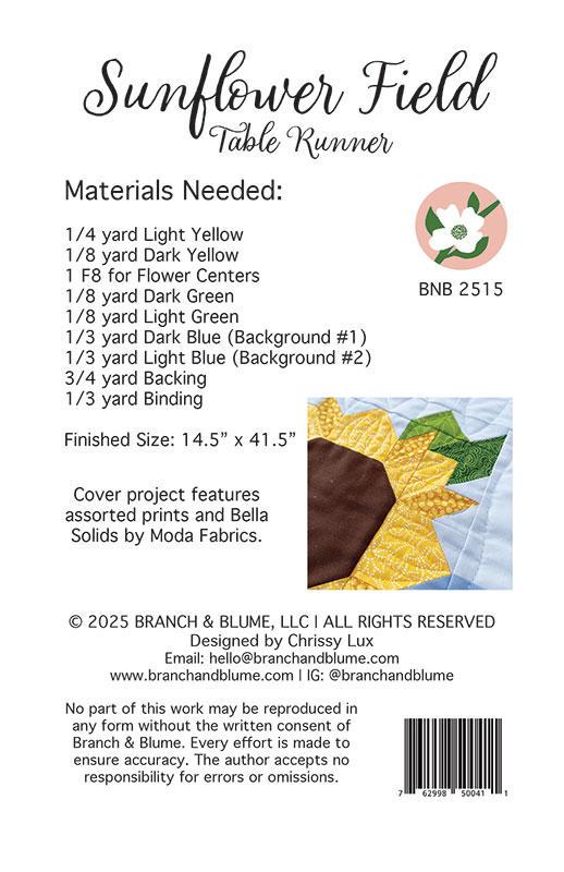 Sunflower Field Table Quilt Pattern, Branch and Blume BNB2515, Yardage Friendly Sunflower Table Runner Pattern, Chrissy Lux