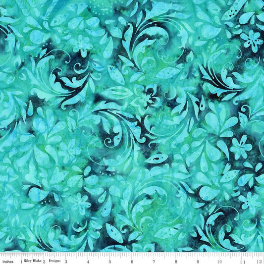 Expressions Batiks - A New Day Teal Waterfall Tonal Batik Fabric, Riley Blake BT23293-278, Teal Floral Batik Fabric, By the Yard