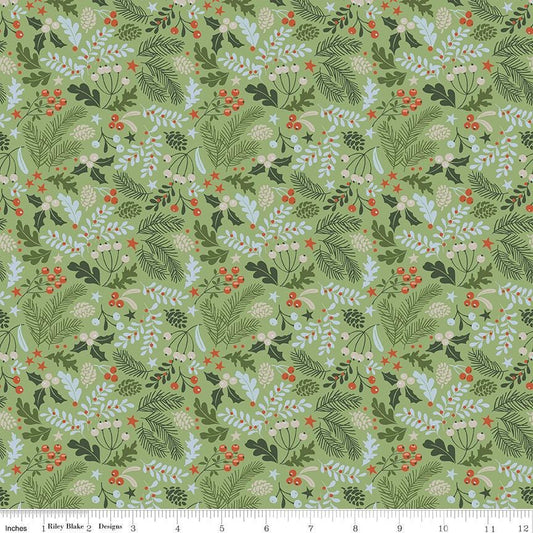 Santa's Tree Farm - Berries Boughs Green Christmas Fabric, Riley Blake C16452-GREEN, Xmas Mistletoe Holly Fabric, Lisa Audit, By the Yard