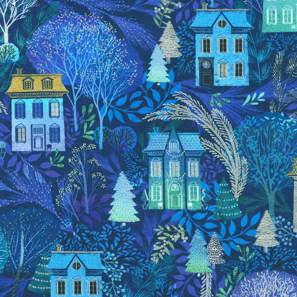 Peaceful Christmas Fabric Roll Up, Robert Kaufman RU-1327-40, Christmas Silver Metallic Blue Beige Teal Doves Trees Fabric