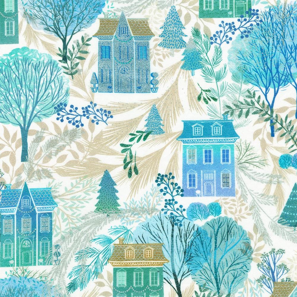 Peaceful Christmas Fabric Roll Up, Robert Kaufman RU-1327-40, Christmas Silver Metallic Blue Beige Teal Doves Trees Fabric