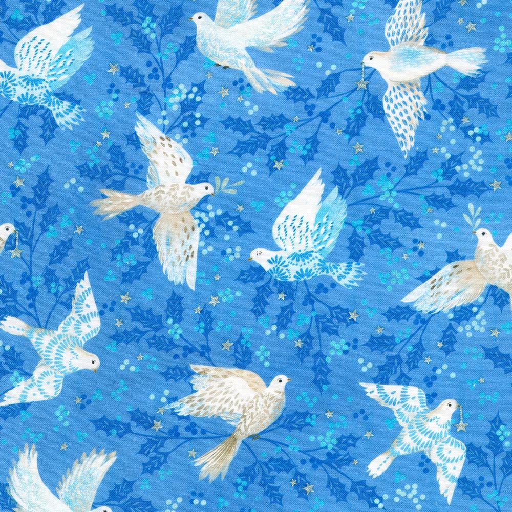 Peaceful Christmas Fabric Roll Up, Robert Kaufman RU-1327-40, Christmas Silver Metallic Blue Beige Teal Doves Trees Fabric