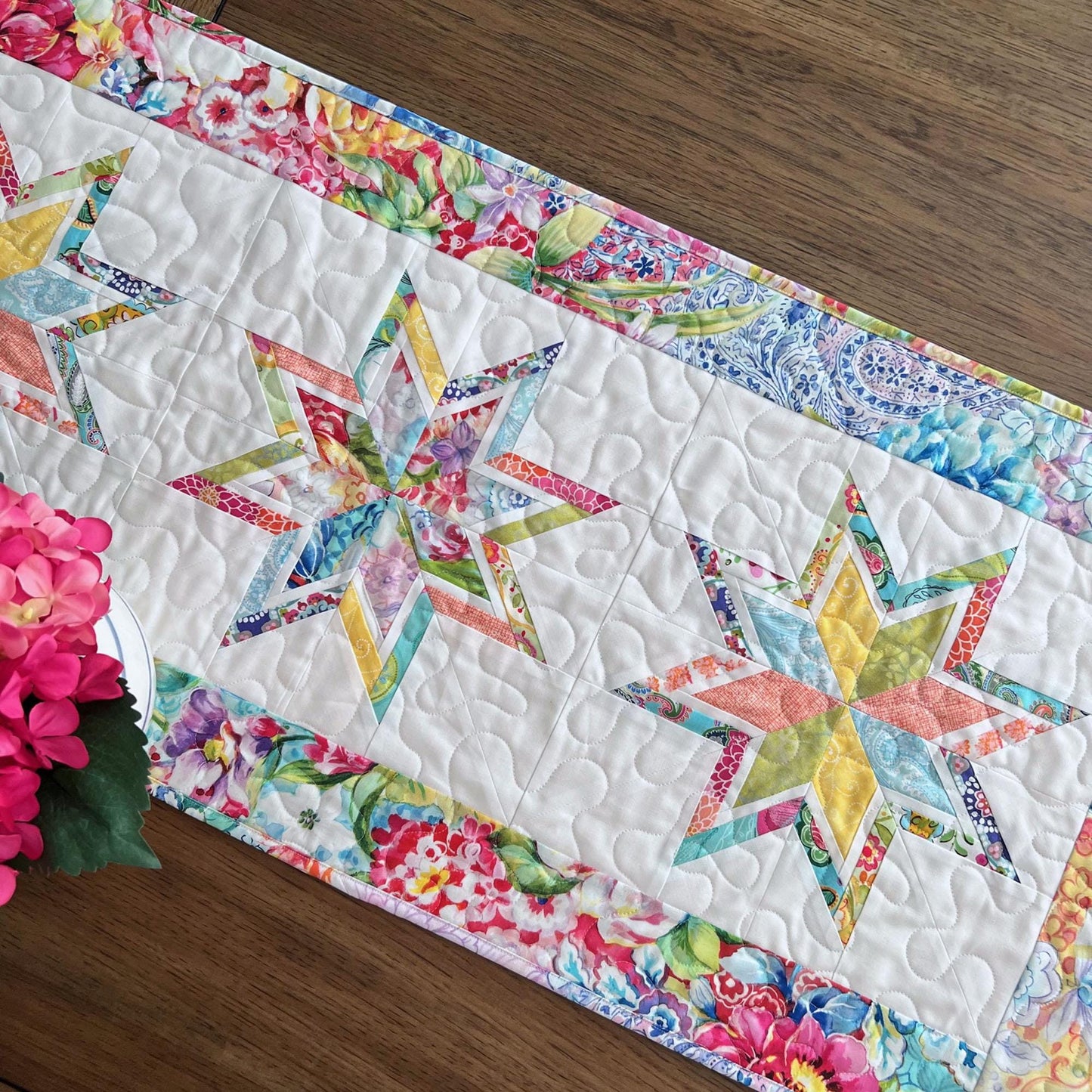 Multicolored Floral Stars Quilted Table Runner, 17" x 40", Moda Gradients Rainbow Colors Floral Table Topper Quilt