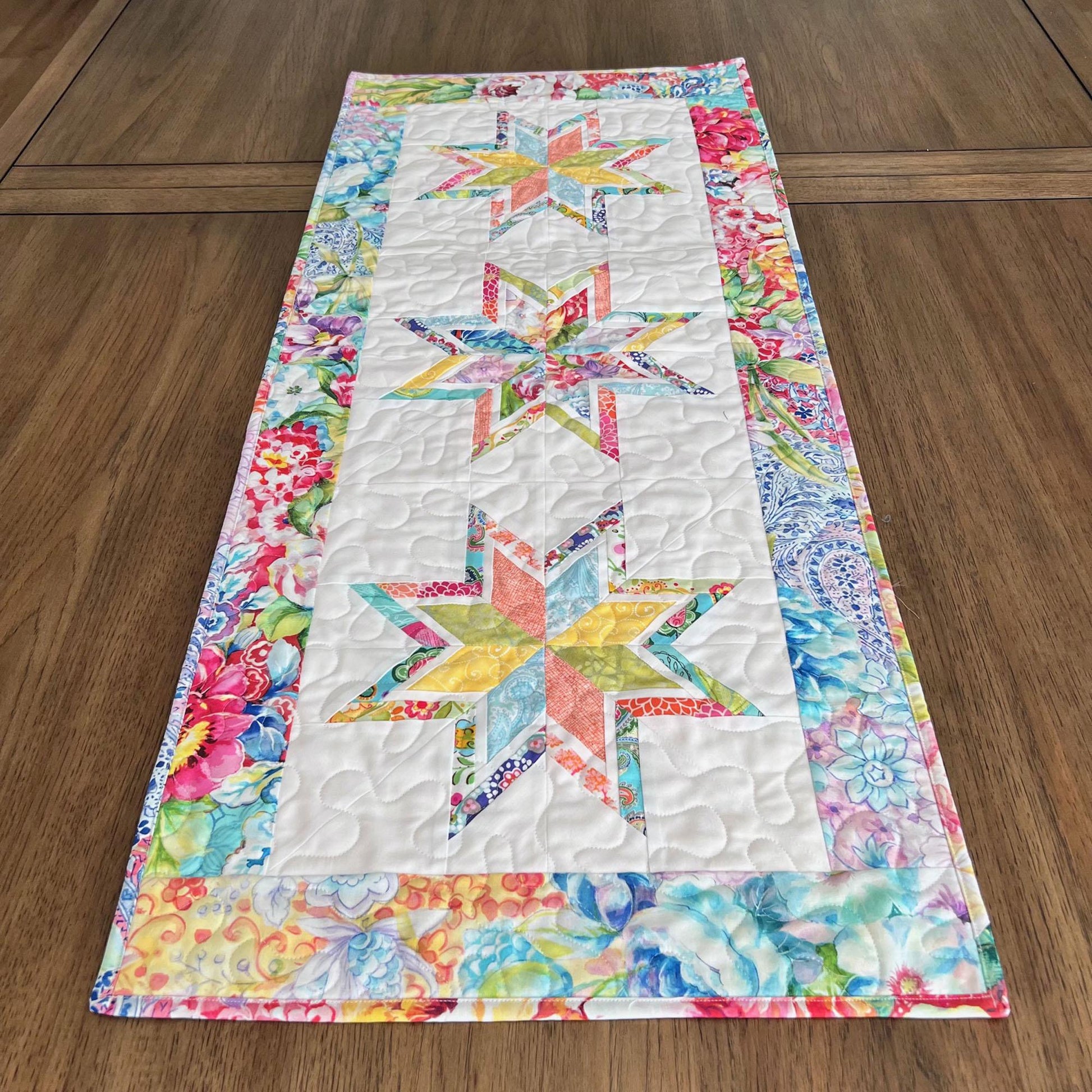 Multicolored Floral Stars Quilted Table Runner, 17" x 40", Moda Gradients Rainbow Colors Floral Table Topper Quilt
