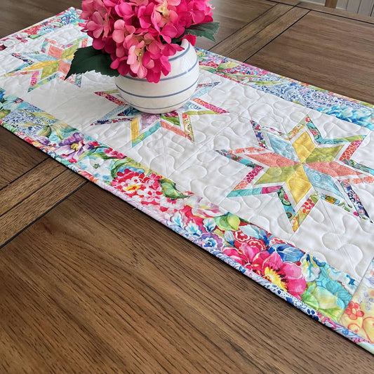 Multicolored Floral Stars Quilted Table Runner, 17" x 40", Moda Gradients Rainbow Colors Floral Table Topper Quilt