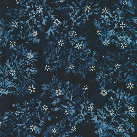 Winter Pines - Branches Snowflakes Navy Batik Fabric, Robert Kaufman AMDM-23143-69 Midnight, Silver Navy Blue Batik Fabric, By the Yard