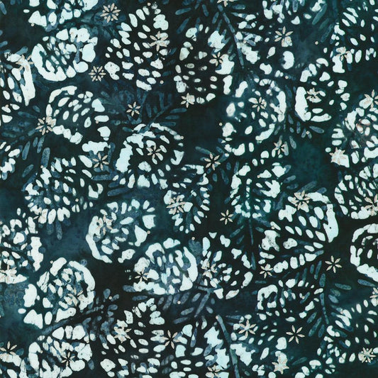 Winter Pines - Pine Cones on Navy Batik Fabric, Robert Kaufman AMDM-23142-80 Evening, Silver Navy Blue Batik Fabric, By the Yard