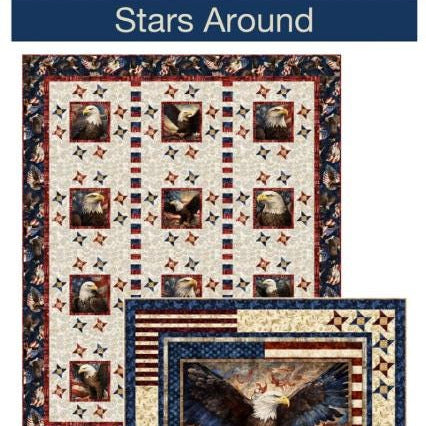 Stars Around 1776 Panel Frame Quilt Pattern, Pine Tree Country Quilts PT2204, Fabric Panel Friendly Stars Stripes Panel Frame Quilt Pattern