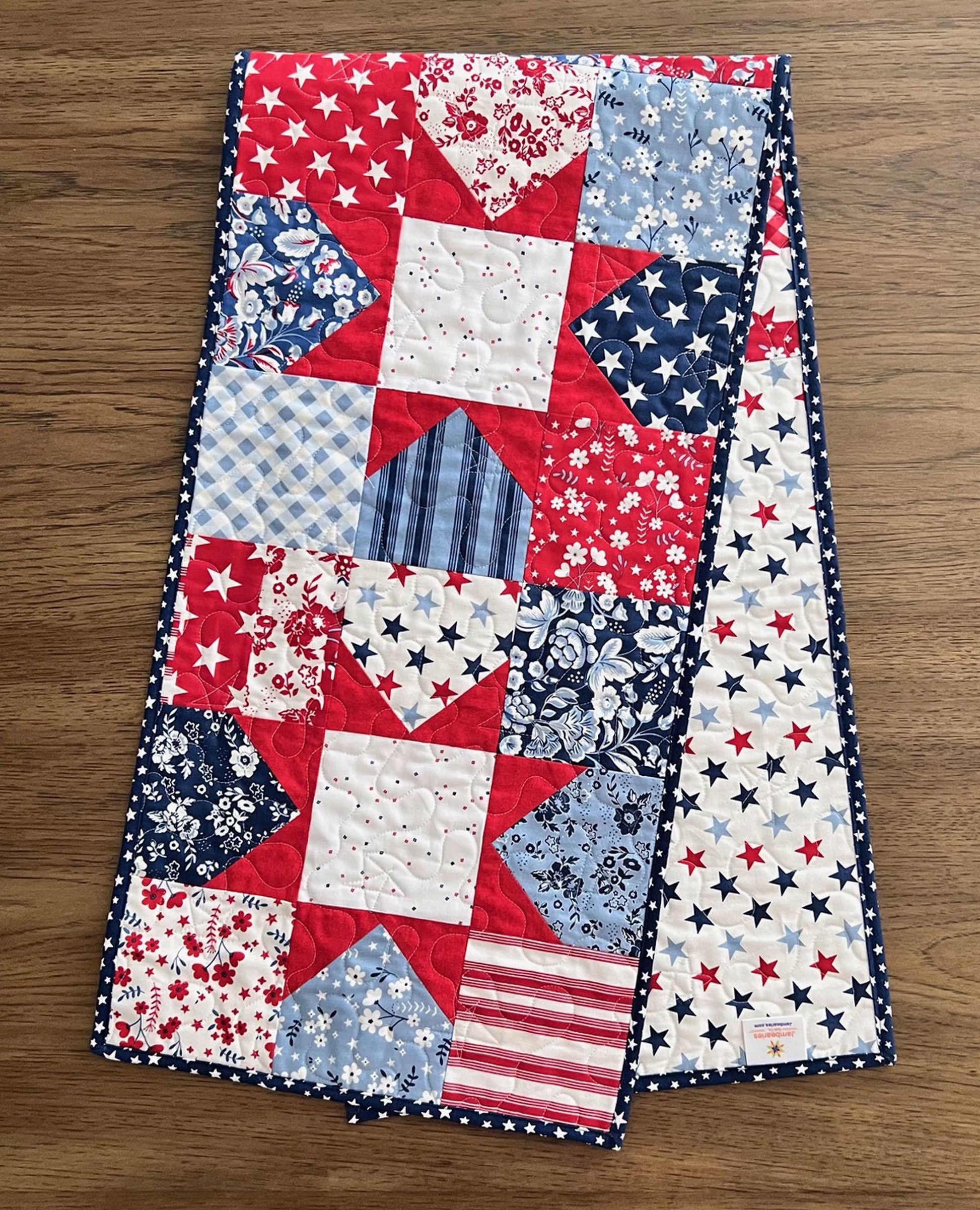 Patriotic Floral Quilted Table Runner, 14" x 53.5", Freedom Garden Red White Blue Patriotic Table Topper Quilt