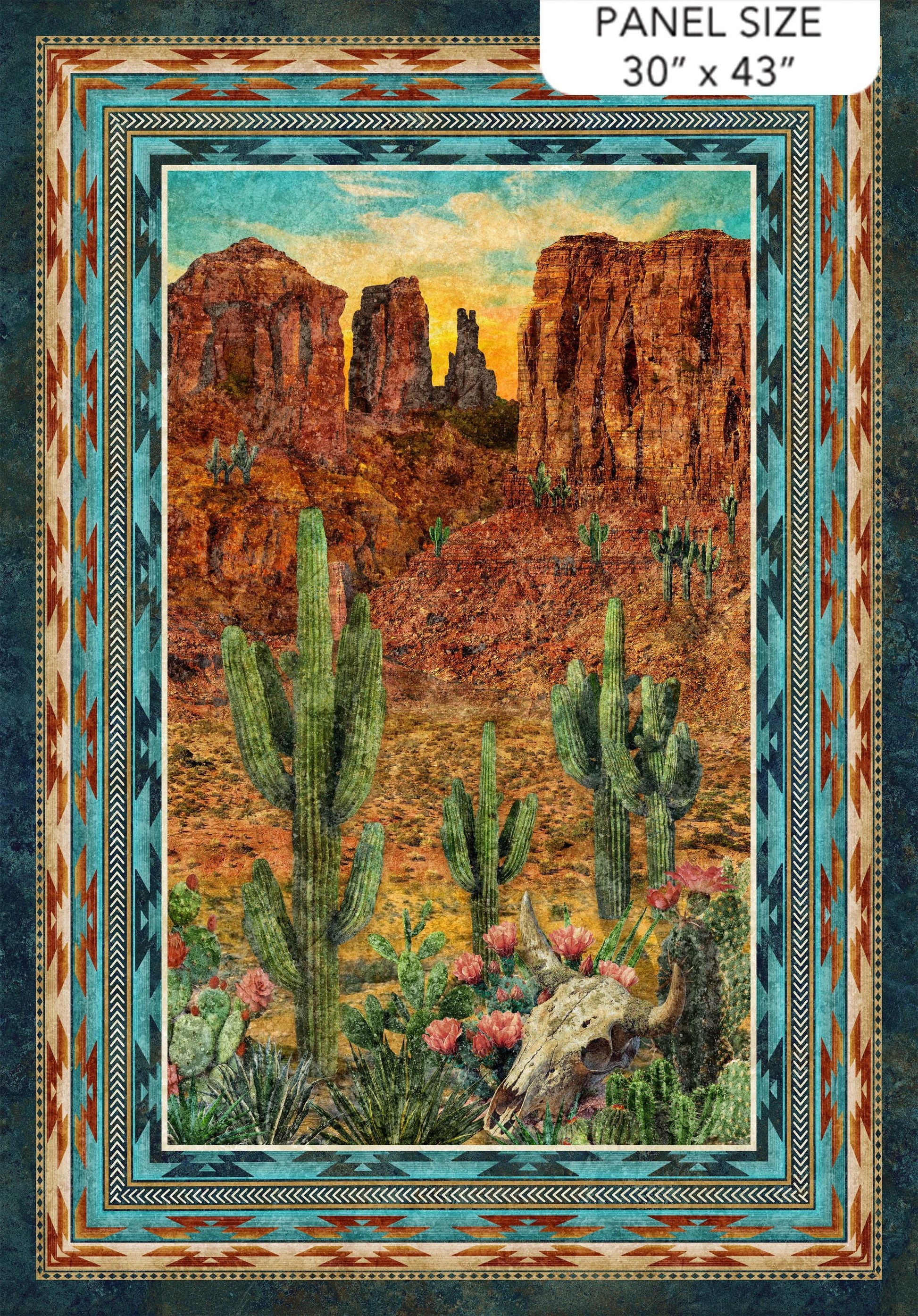 Stonehenge Sedona Spirit - Southwest Desert 30" Fabric Panel, Northcott DP28240-37, Arizona Desert Cactus Cow Skull Quilt Fabric Panel