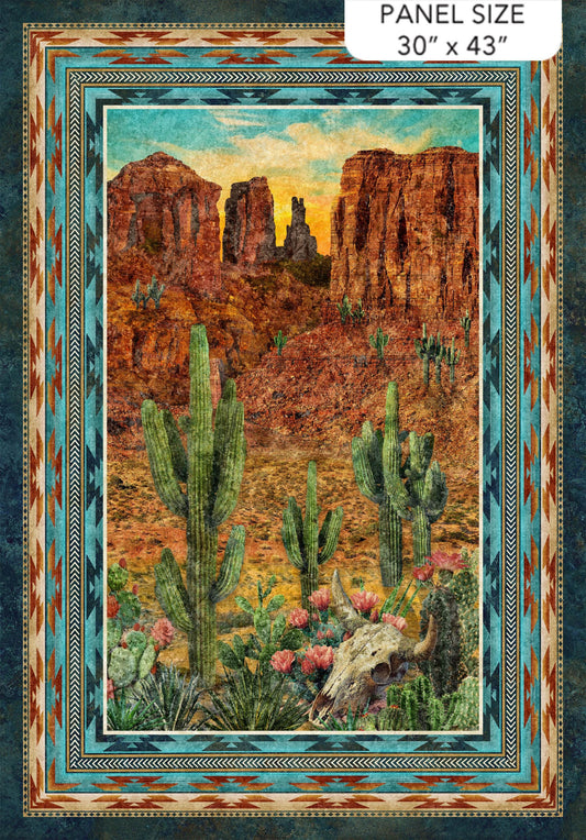 Stonehenge Sedona Spirit - Southwest Desert 30" Fabric Panel, Northcott DP28240-37, Arizona Desert Cactus Cow Skull Quilt Fabric Panel