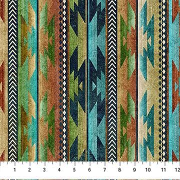 REMNANT 33" of Stonehenge Sedona Spirit - Navaho Stripe Multicolored Fabric, Northcott 28241-37, Blue Brown Native American Striped Fabric