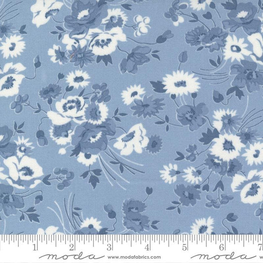 108" Nantucket Summer - Blue White Floral Wide Quilt Back Fabric, Moda 108034 24 Light Blue, Cotton Quilt Backing, By the Yard