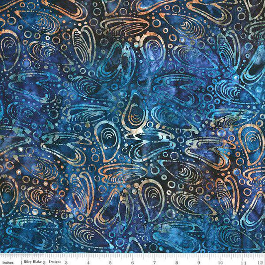 Expressions Batiks Toes in the Sand - Shells on Navy Blue Batik Fabric, Riley Blake BT23154-307 Dark Skies, By the Yard